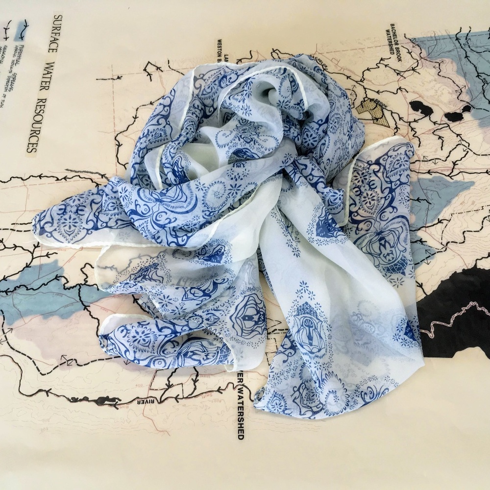 Extra Large Silk Scarf Wrap White w Blue Print